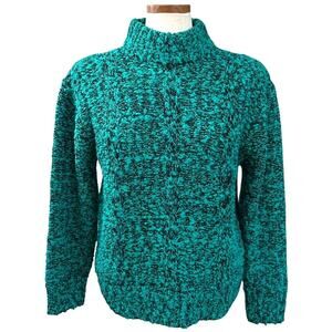 Vintage 80s Teal Black Marbled Mock Neck Chunky Knit Sweater L Boucle Colorblock